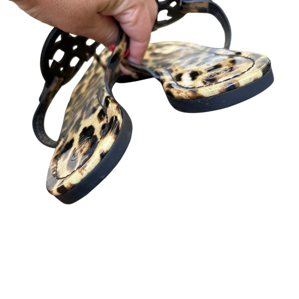 Tory Burch Womens 9 Miller Sandal Leopard Print Patent Leather Logo Thong Flip